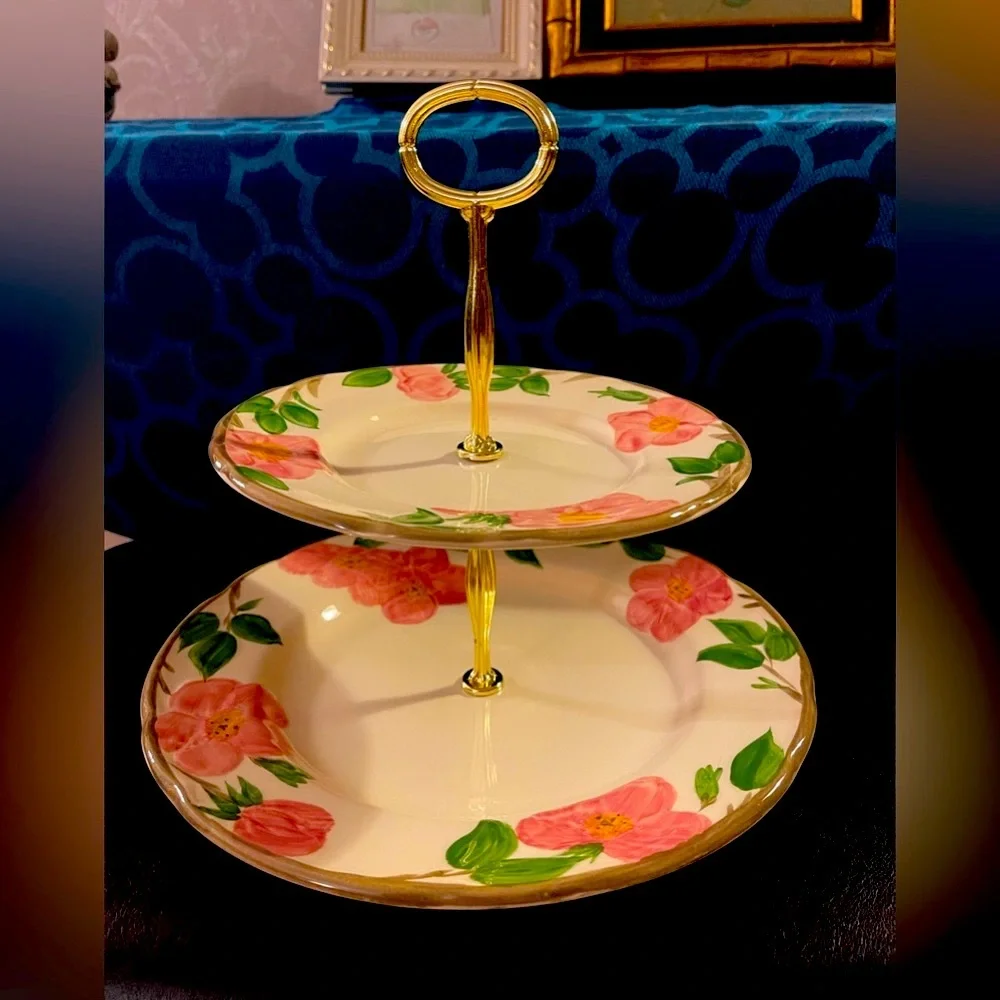 New Floral Two-Tiered Serving Stand Franciscan Desert  Rose . Made in England